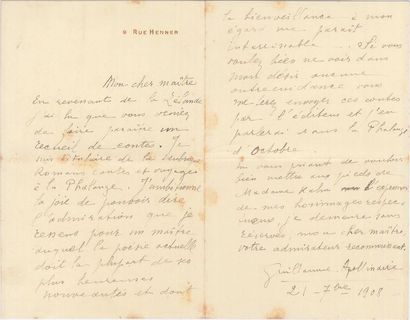GUILLAUME APOLLINAIRE (1880/1918) Lettre autographe signée à «Mon cher Maître» [Gustave...