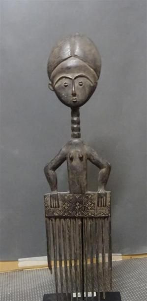 null ASHANTI - GHANA Peigne en bois sculpté et incisé, la poignée figurant une femme...