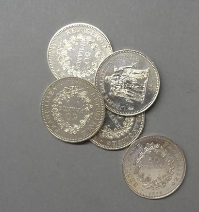 null FRANCE Cinq pièces 50 Francs en argent, Hercule - 1975 - 4 x 1978 Poids 149,2...