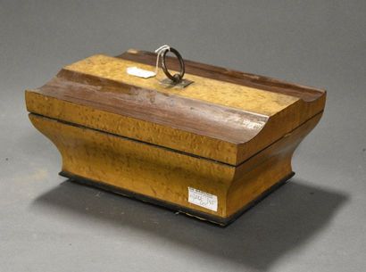OBJETS D'ART Belle boîte à ouvrage sarcophage, en placage de loupe, d'orme et palissandre....