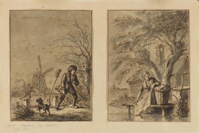 Dessins - Oeuvres sur papier Johannès JELGERHUIS (1770-1836) Paysage au patineur...
