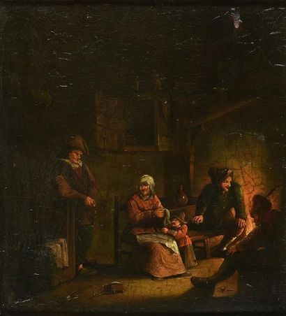 TABLEAUX ANCIENS Ecole Hollandaise du XVIIIe siècle La veillée au coin du feu Huile...