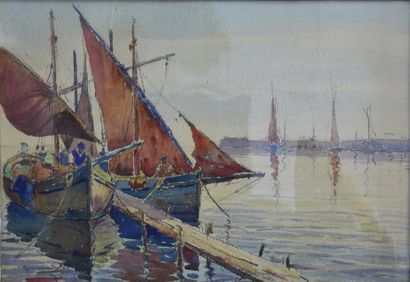 Art moderne et contemporain Romain JOUVE (1874-1929) Retour de pêche Aquarelle signée...