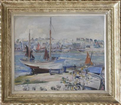 Art moderne et contemporain Odette DUVAL (1912-?) Port breton, 39 Huile sur carton...