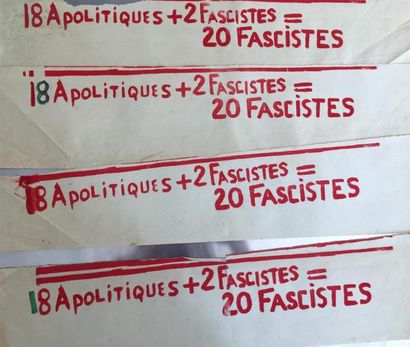 null "18 apolitiques + 2 fascistes = 20 fascistes"

Sérigraphies

Lot de 4 bandeaux...