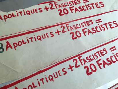 null "18 apolitiques + 2 fascistes = 20 fascistes"

Sérigraphies

Lot de 4 bandeaux...