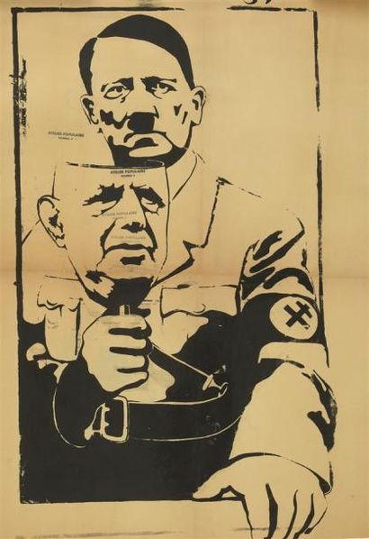 null Hitler au masque De Gaulle

Sérigraphie en noir sur papier beige entoilé

Tampon...