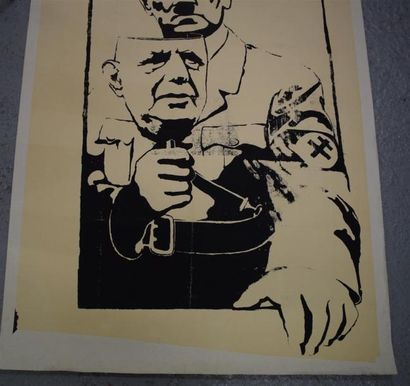 null Hitler avec le masque de De Gaulle

Sérigraphie en noir sur papier bistre entoilé

Tampon...