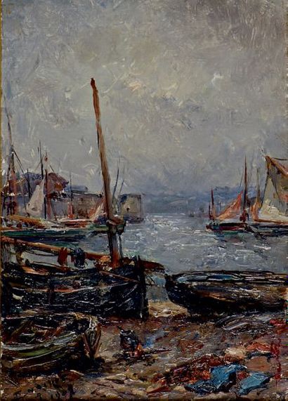 Émile NOIROT (1853-1924) Les bateaux, Port de Concarneau
Huile sur toile, signée...