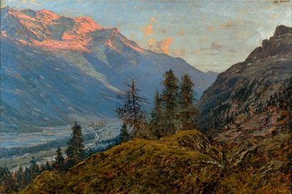 Charles BERTIER (1860-1924) Soleil couchant, le Mont Blanc vu des hauteurs de La...