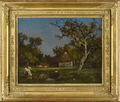 Attribué à Charles Beauverie (1839-1923) Le bord de l'étang
Huile sur panneau.
H....