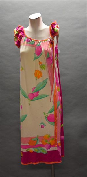 null LEONARD Robe en jersey de soie imprimé à motif floral à dominante rose orange...