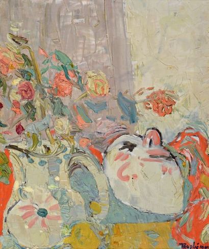 Jacques TRUPHÉMUS (1922-2017) Fleurs et masque, circa 1963
Huile sur toile, signée...