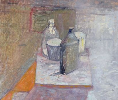 Jacques TRUPHÉMUS (1922-2017) Pot et burettes à l'atelier, 1980
Huile sur toile,...