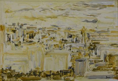 null Françoise JUVIN (1926-2010) La ville jaune Huile sur papier H. 29 cm - L.42...