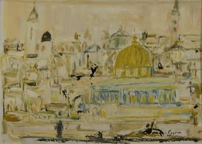 null Françoise JUVIN (1926-2010) Istanbul, le Bosphore Huile sur papier H. 21 cm...