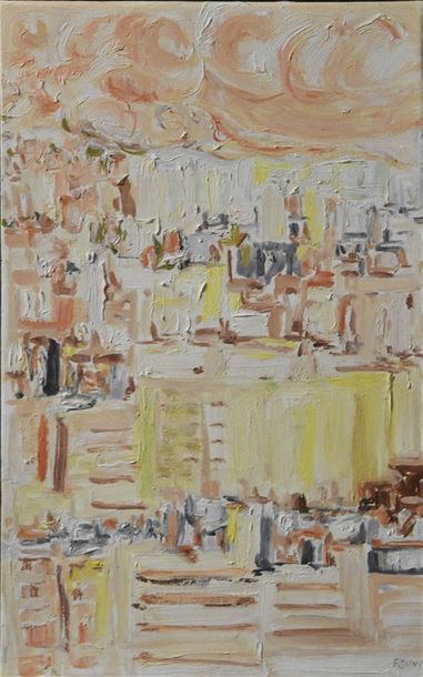 null Françoise JUVIN (1926-2010) La ville jaune Huile sur toile H. 45 cm - L. 27...