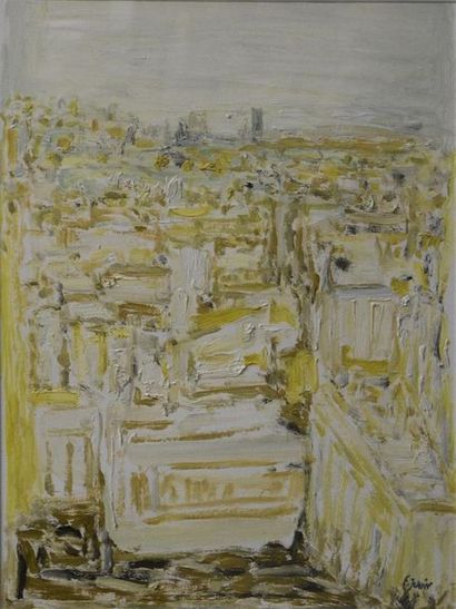 null Françoise JUVIN (1926-2010) La ville jaune Huile sur papier H. 35,5 cm - L....