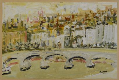 null Françoise JUVIN (1926-2010) Lyon, le pont Huile sur papier H. 20 cm - L. 28...