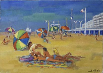 null Suzette MÉZIE (née en 1928) Parasols sur la plage, 1968 Huile sur toile, signée...