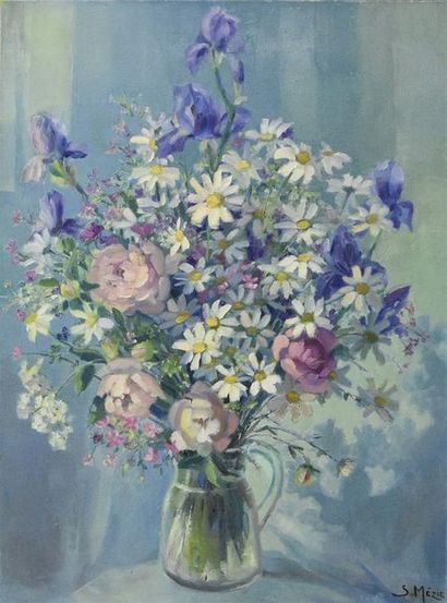 null Suzette MÉZIE (née en 1928) Bouquet de fleurs des champs dans une carafe de...