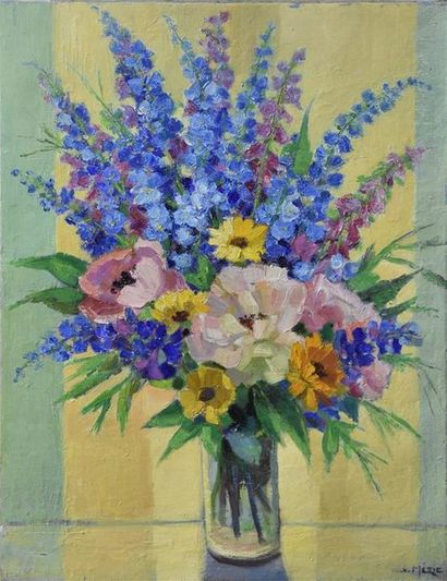 null Suzette MÉZIE (née en 1928) Bouquet sur fond jaune Huile sur toile, signée en...