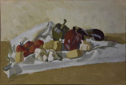 null Pierre COQUET (né en 1926) Les poivrons Huile sur papier H. 38 cm - L.56 cm
