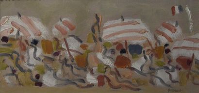 null Pierre COQUET (né en 1926) Les parasols rayés rose Huile sur papier H. 15,5...
