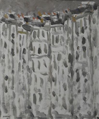 null Pierre COQUET (né en 1926) La rue grise Huile sur papier H. 45 cm - L. 37 c...
