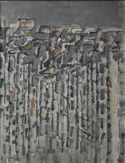 null Pierre COQUET (né en 1926) Les toits de Paris, ciel gris Huile sur panneau,...