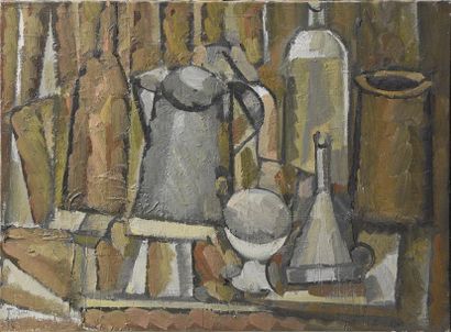 null Pierre COQUET (né en 1926) Composition cubiste aux ustensiles de cuisine Huile...
