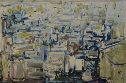 null Françoise JUVIN (1926-2010) Paris 19e, horizon bleu Huile sur carton H. 25 cm...