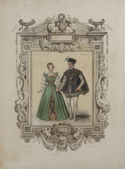 ESTAMPES Quatorze lithographies représentant des couples costumés historiques, dans...