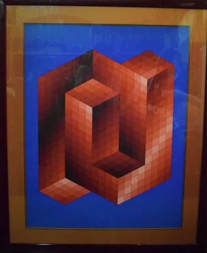 ESTAMPES Victor VASARELY (1906-1997) Composition cubique en camaïeu de rouge sur...