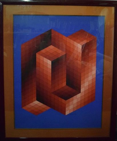 ESTAMPES Victor VASARELY (1906-1997) Composition cubique en camaïeu de rouge sur...
