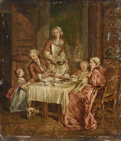 TABLEAUX ANCIENS Ecole française du XIXe siècle d'après Louis Aubert Le repas familial...