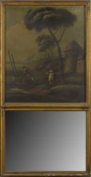 MOBILIER Trumeau à miroir en bois doré orné d'une marine avec deux personnages Style...