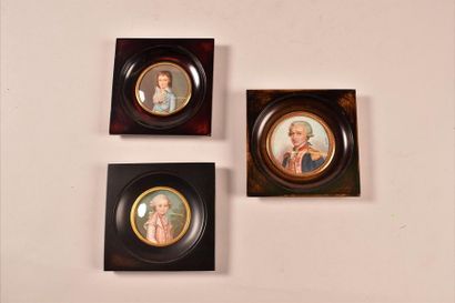 MINIATURES Lot de trois miniatures dans le goût du XVIIIe siècle comprenant deux...