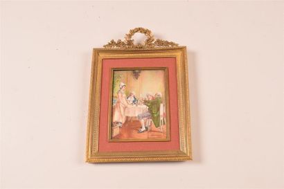 MINIATURES Une grande miniature, fin XIXe - début XXe siècle Scène galante Signée...