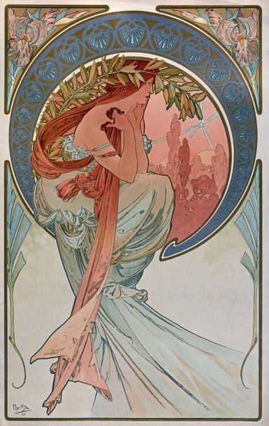 Alphonse MUCHA (1860-1939) Poésie, 1898
Lithographie imprimée en couleurs, Rennert...