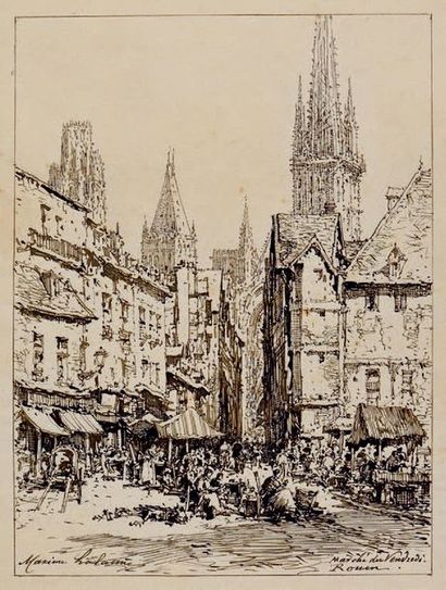 Maxime LALANNE (1827-1886) * Marché du vendredi à Rouen, 1885
Dessin à la plume et...