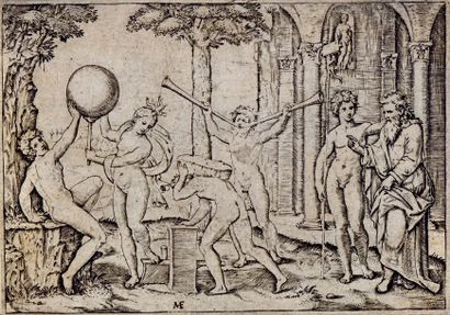 Marc-Antoine RAIMONDI (c. 1480-1527/1534) * L'homme aux deux trompettes
Eau-forte...