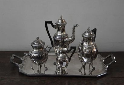 null Service à thé et café en métal argenté à décor de frises de feuille d'eau, les...