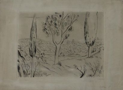 null Othon COUBINE (1883-1969)

Paysage au cyprés

Pointe sèche signée au milieu...
