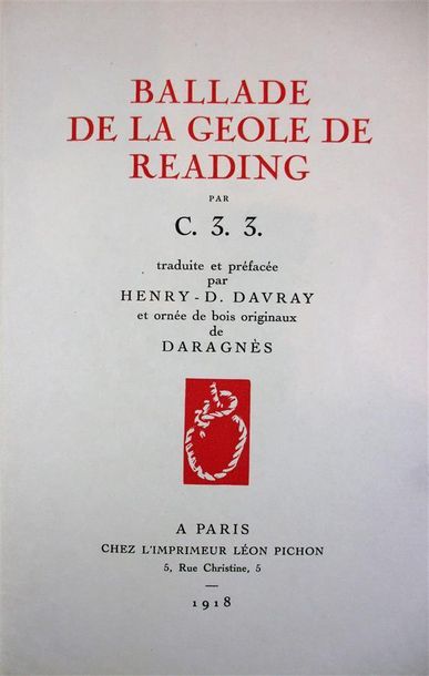 null WILDE (Oscar). Ballade de la geôle de Reading. Paris, Léon Pichon, 1918. In-8,...
