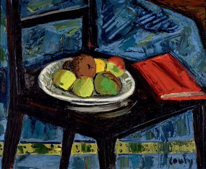 Jean COUTY (1907-1991) Assiette de pommes et livre rouge
Huile sur toile, signée...