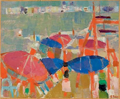 GUSTAV BOLIN (1920-1999) Parasols sur la plage
Huile sur toile, signée en bas à droite
H....