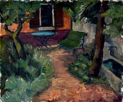 Jacques TRUPHÉMUS (1922-2017) Le banc sur la terrasse, 1945
Huile sur toile, signée...