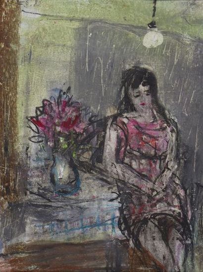 Erich SCHMID (1908-1984) Jeune fille au bouquet de fleurs, 1982
Pastel, monogrammé...