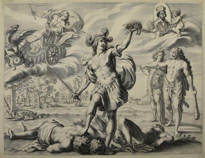 null D'après Grégoire HURET (1606 - 1670) Scène mythologique surmontée d'un portrait...